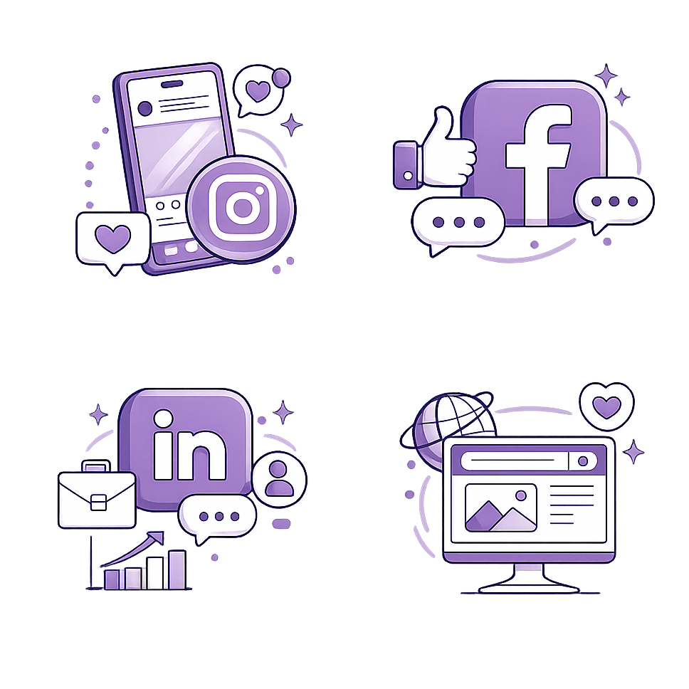 Illustration des réseaux sociaux Instagram, Facebook, Linedin et du site internet 