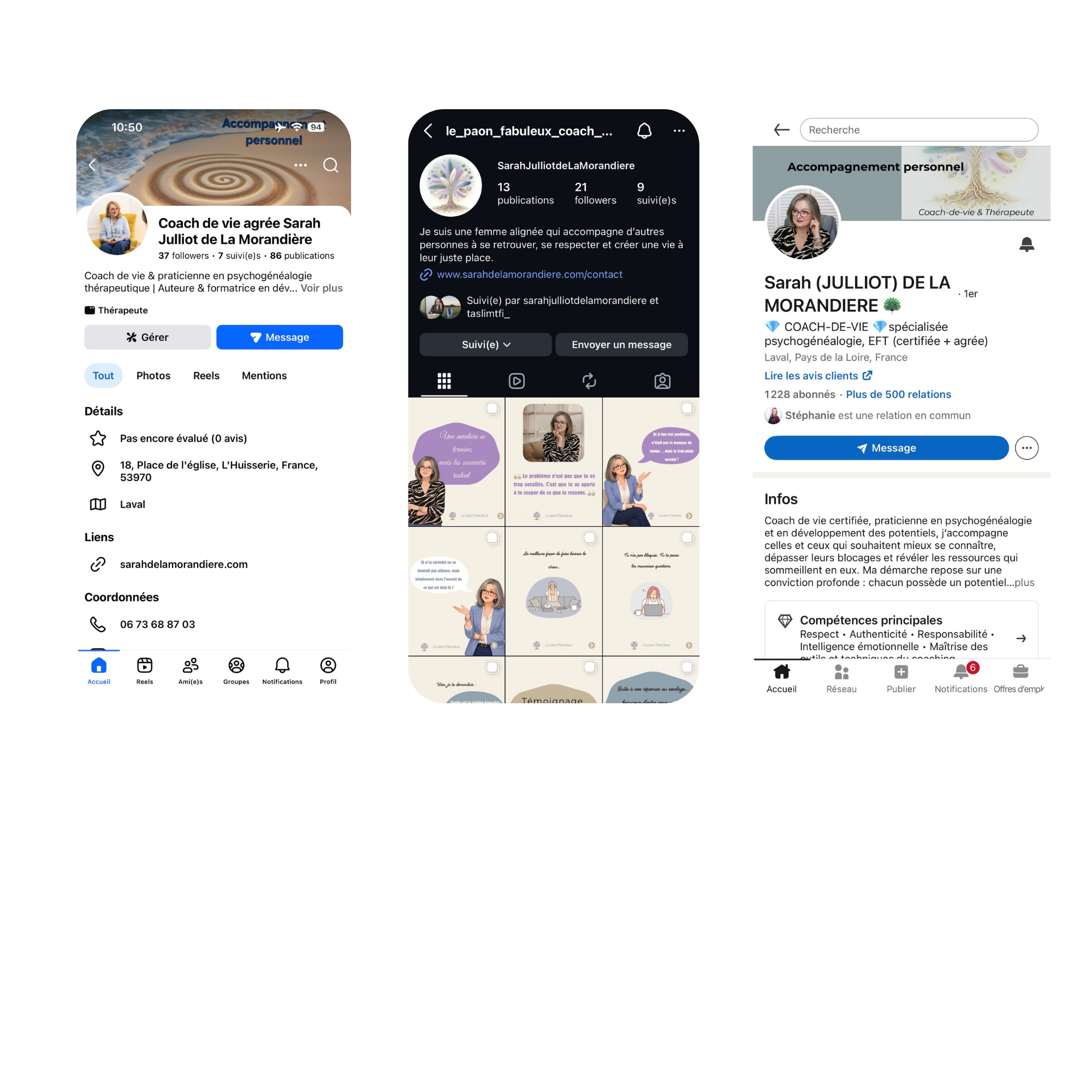 Profil Instagram de coach de vie présentant du contenu de développement personnel, bien-être et accompagnement en ligne